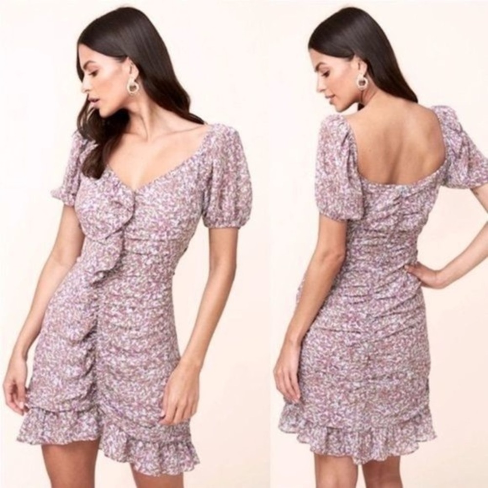 ASTR The Label Floral Print Shirred Ruffle Mini Dress Size XS